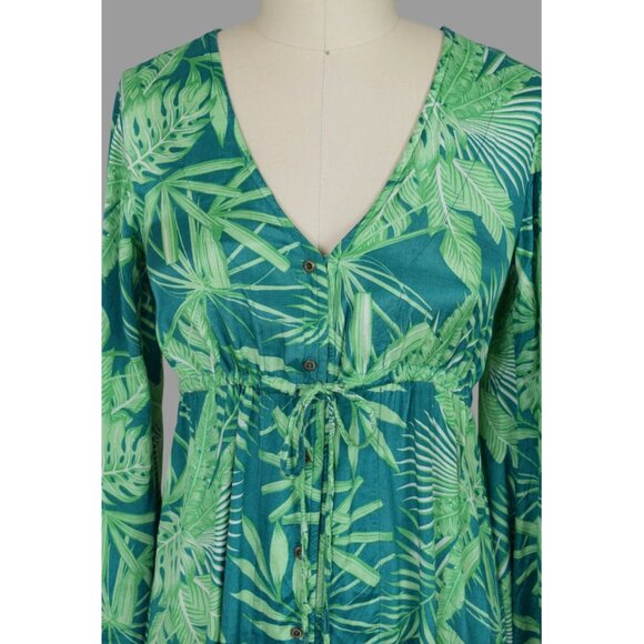 HONOLUA SURF CO. TROPICAL LEAVES PRINT SILKY GREEN MAXI DRESS - Picture 2 of 9